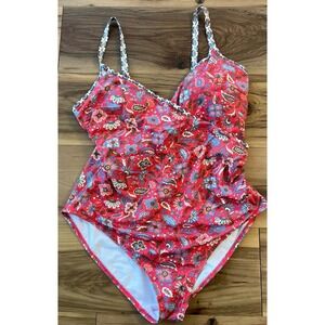 Boden Swimsuit Red Paisley Crossover One Piece EUC Size 16/18 Travel Swim